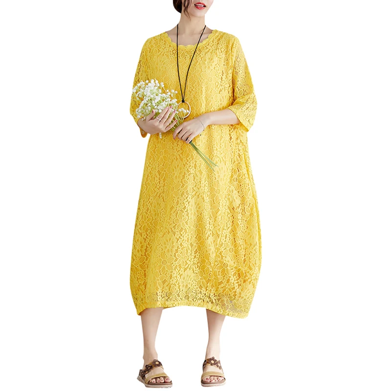Винтажное женское свободное кружевное платье большого размера однотонное