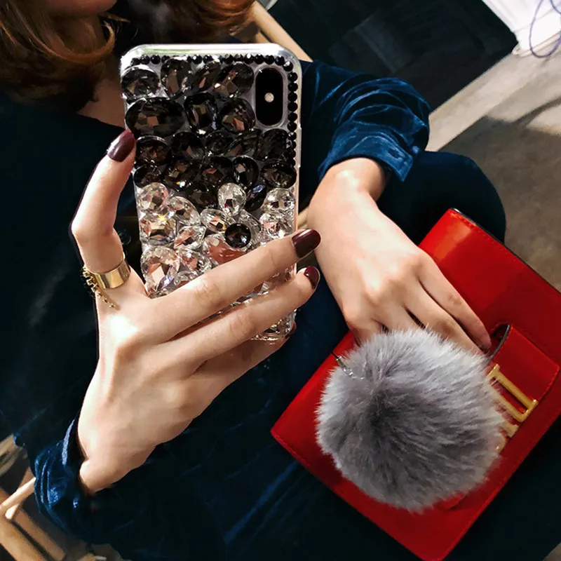 Lovebay Luxury Woman Shiny Case With Shell Hair Ball For iPhone X 8 7 6 6S Plus XR XS MAX Mobile Phone Holder Diamond Stone Capa |