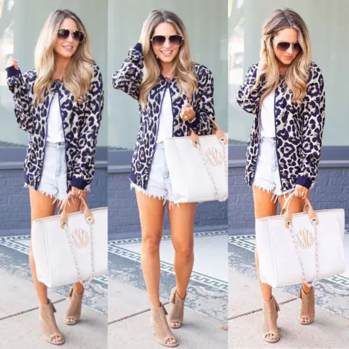 

Women Ladies Leopard Jacket Coats Zip Up Biker Flight Casual Top Coat Outwear