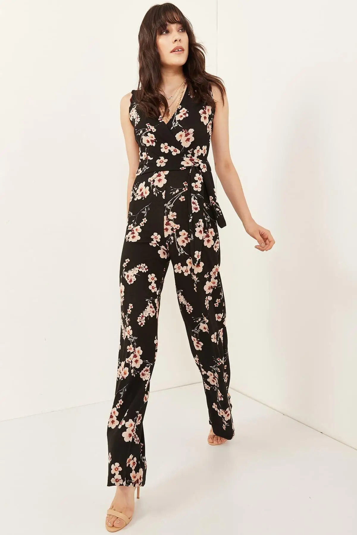 Ола женский черный поясом порошок цветочный двубортный комбинезон TLM-19000024 |