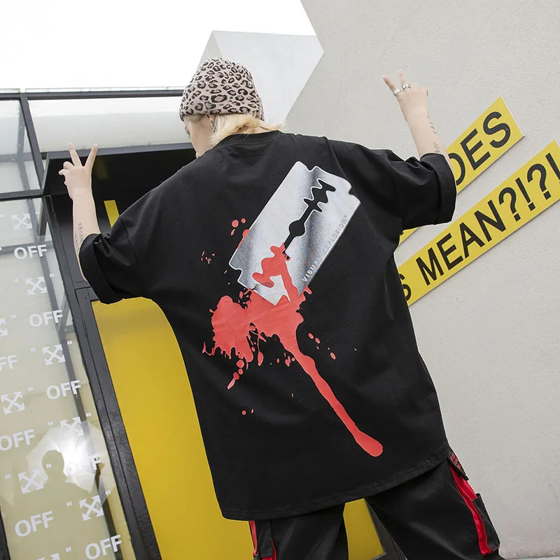 2019 summer new dropshipping blade drop blood print short-sleeved shirt men and women couple casual oversized fashion T-shirt | Мужская