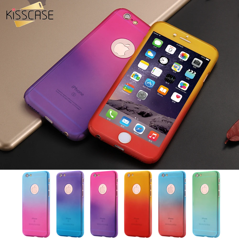 KISSCASE Colorful Gradient Case For iPhone 6 6s 7 Plus 360 Cover Front Hard Fundas Tempered Glass Capa |