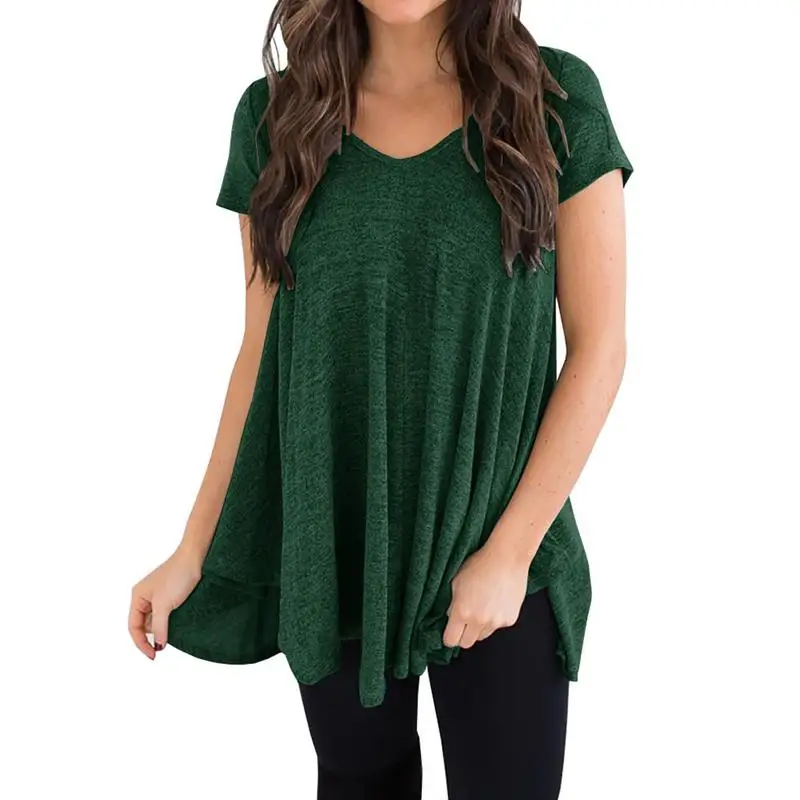 2018 New Summer Europe and America Casual Women Solid Color V-Neck Irregular T-Shirts Female Short Sleeve Pullover Tees | Женская одежда