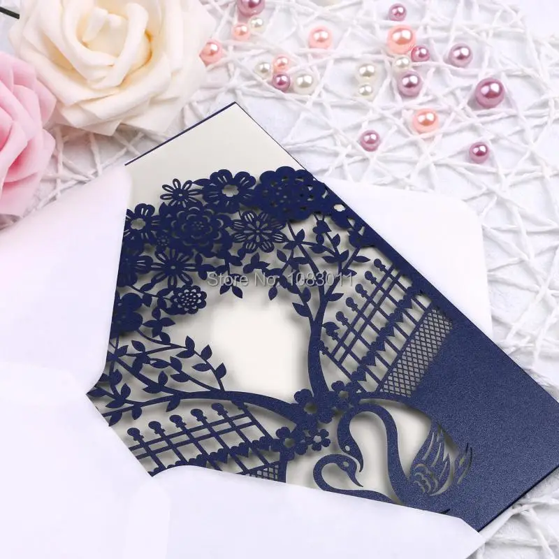 PONATIA 25Pcs Navy Blue Laser Cut Wedding Invitations Cards Hollow Heart Rose for Engagement Birthday Bridal Shower Invites | Дом и сад