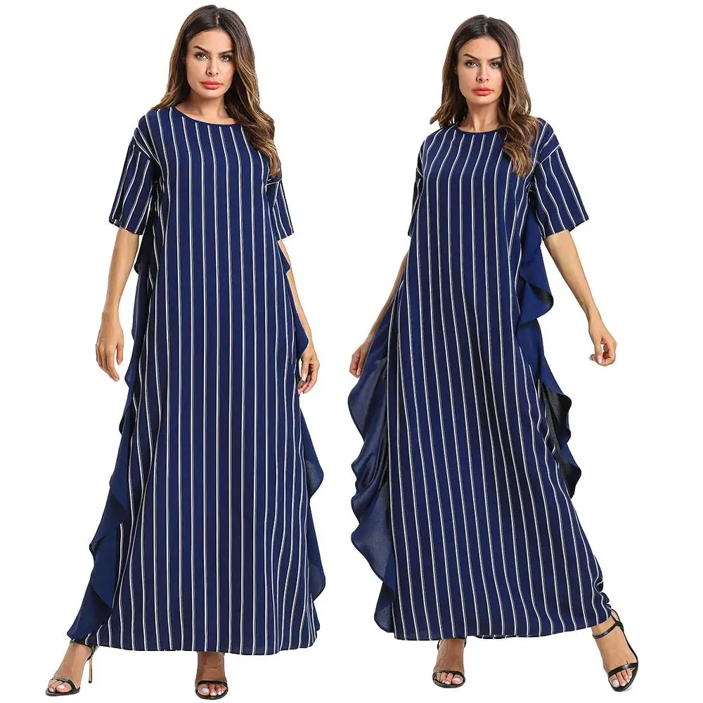 Женское длинное платье в полоску мусульманское с коротким рукавом свободное