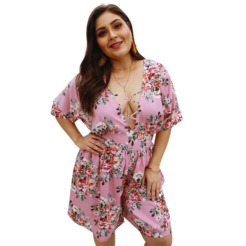 Summer Oversize Jumpsuit Women Floral Print Romper Playsuit Big Size Short Ladies Sexy Deep V-neck Beach 4XL | Женская одежда