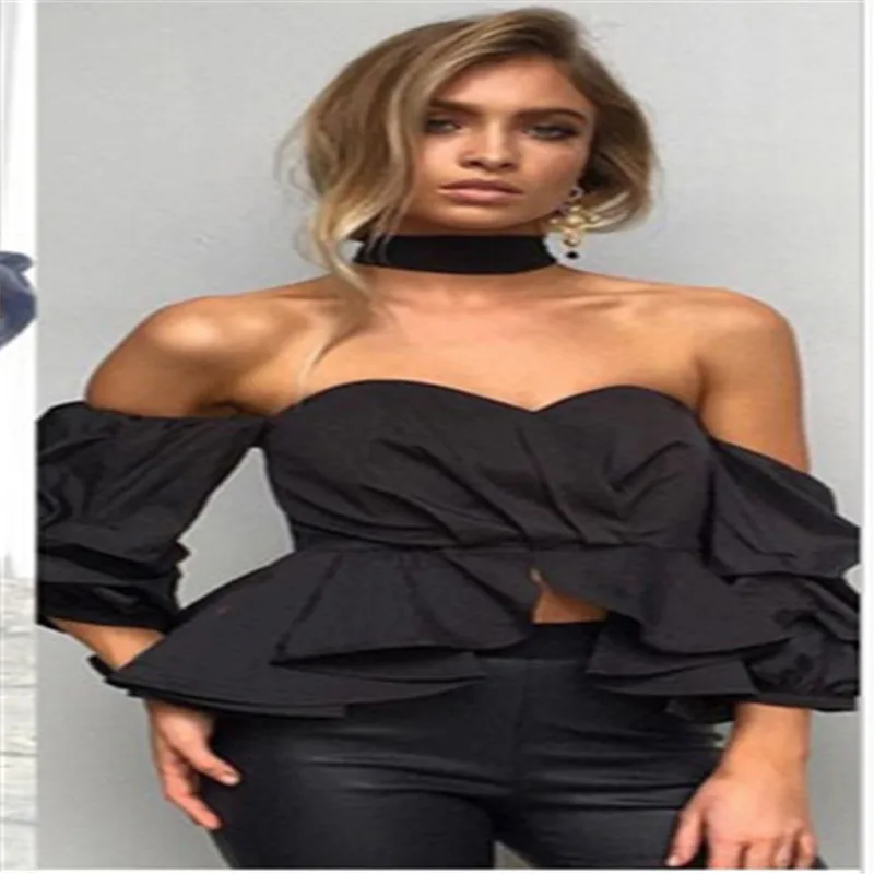 2018 Summer Women Off Shoulder Tops Blouse Shirts Strapless Backless Puff Sleeve Ruffles Peplum Sexy Clothes Korean Style | Женская