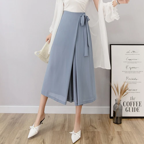 Широкие брюки с Боковым Разрезом и высокой талией Новые Летние шифоновые