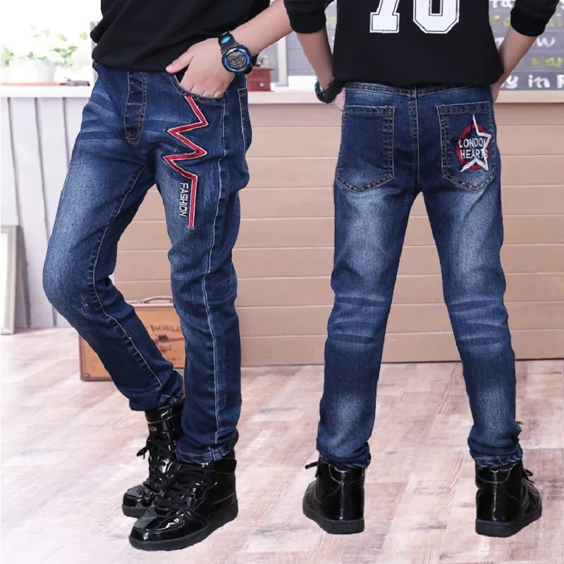 Для мальчиков джинсы 2019 Весна Детские Повседневное зауженные Pants.4Y 15Y дети письмо