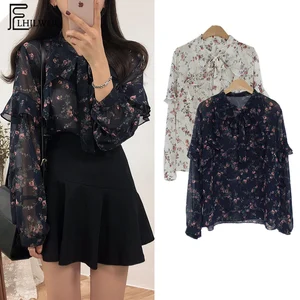 Женская блузка с бантом, черно-белая Базовая рубашка в японском стиле, с оборками и цветочным принтом, весна 2019