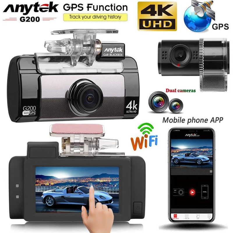 Anytek G200 2.7in сенсорный экран двойной объектив 4K UHD WiFi Автомобильный