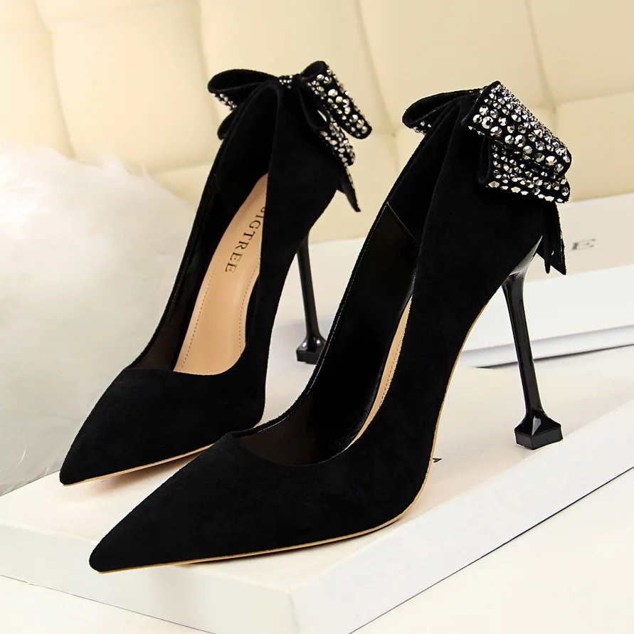 

Stan Shark Ladies sexy nightclub stiletto super high heel suede shallow mouth pointed rhinestone bow women's shoes