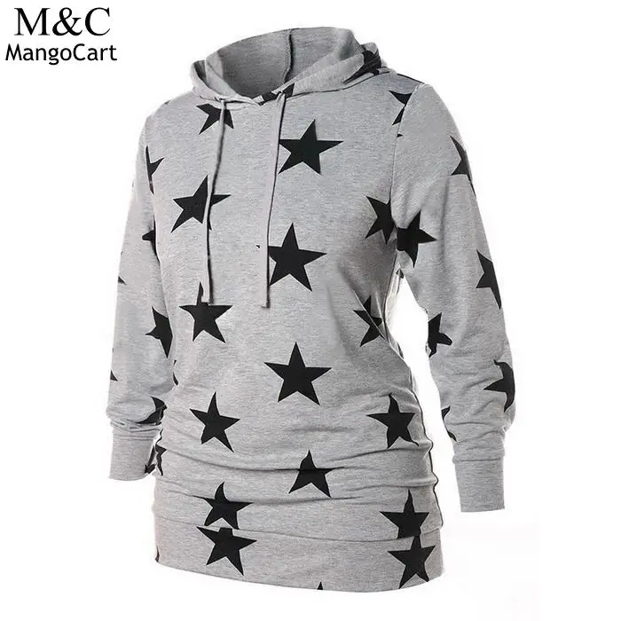 Women Casual Long Sleeve Hooded Loose Sweatshirt Sleeves Pentagram Print Autumn Spring Gray | Женская одежда