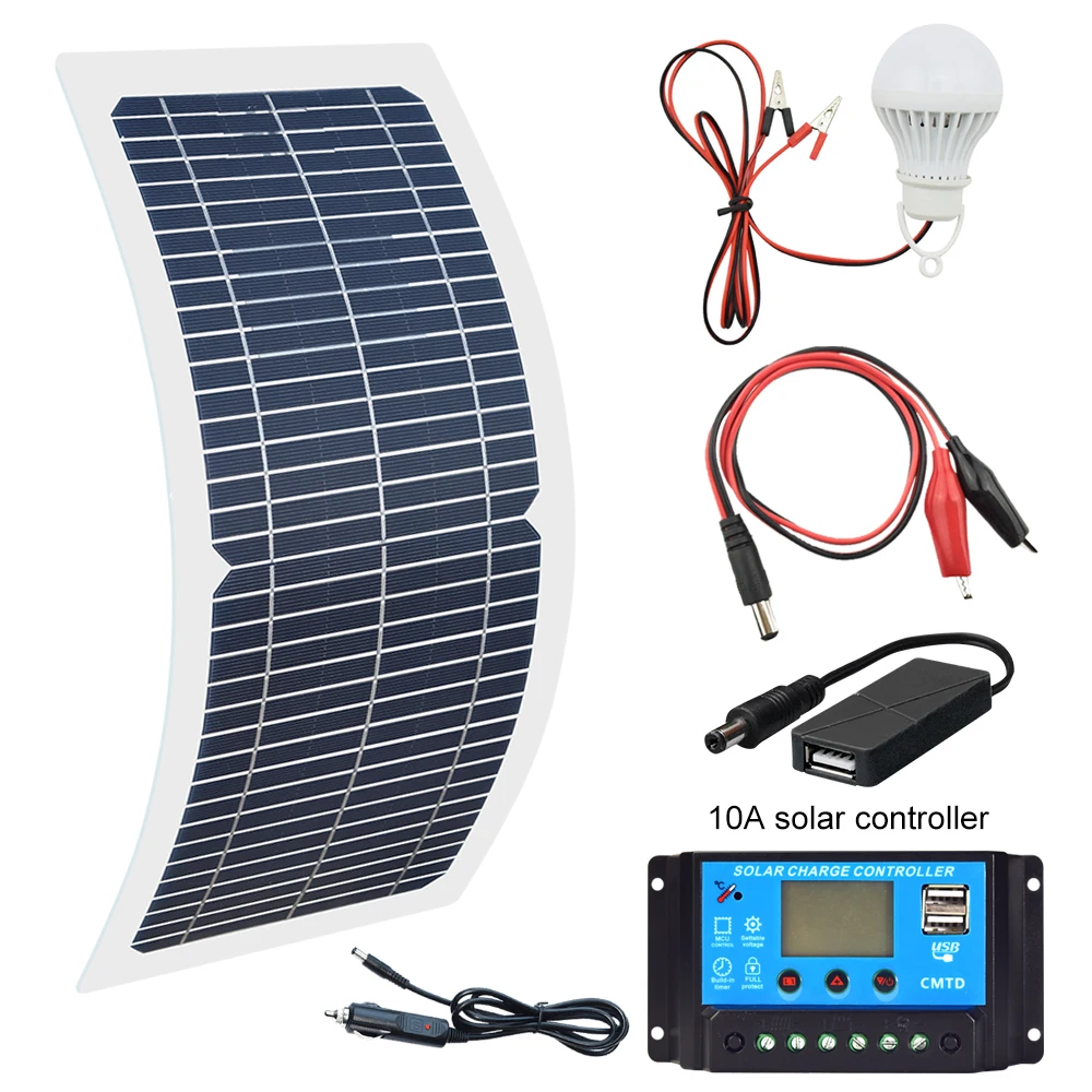 

18V 10W Monocrystalline Solar Panel+10A Charge Controller Battery Charger Kit + LED Light For RV Car Boat Tourism solar lamp 3W