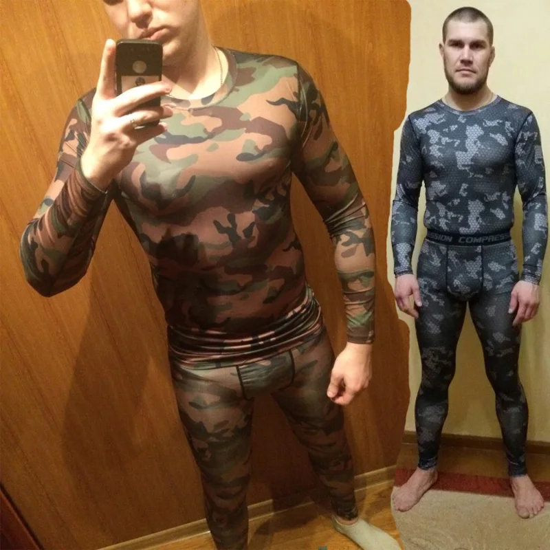 men's sportswear man running tights camouflage clothing rashgard male compression gym t-shirt MMA Clothing kit | Спорт и