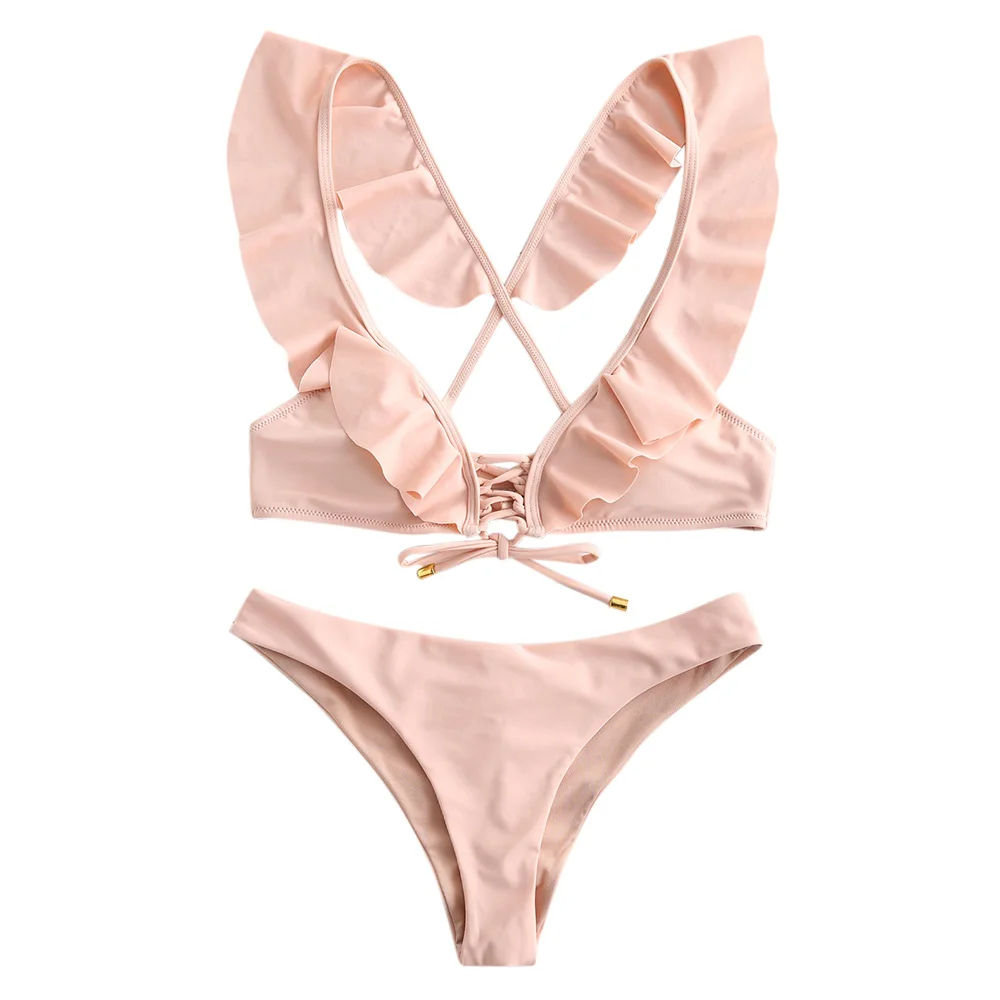 Сексуальный гофрированный кружевной мягкий однотонный комплект бикини без