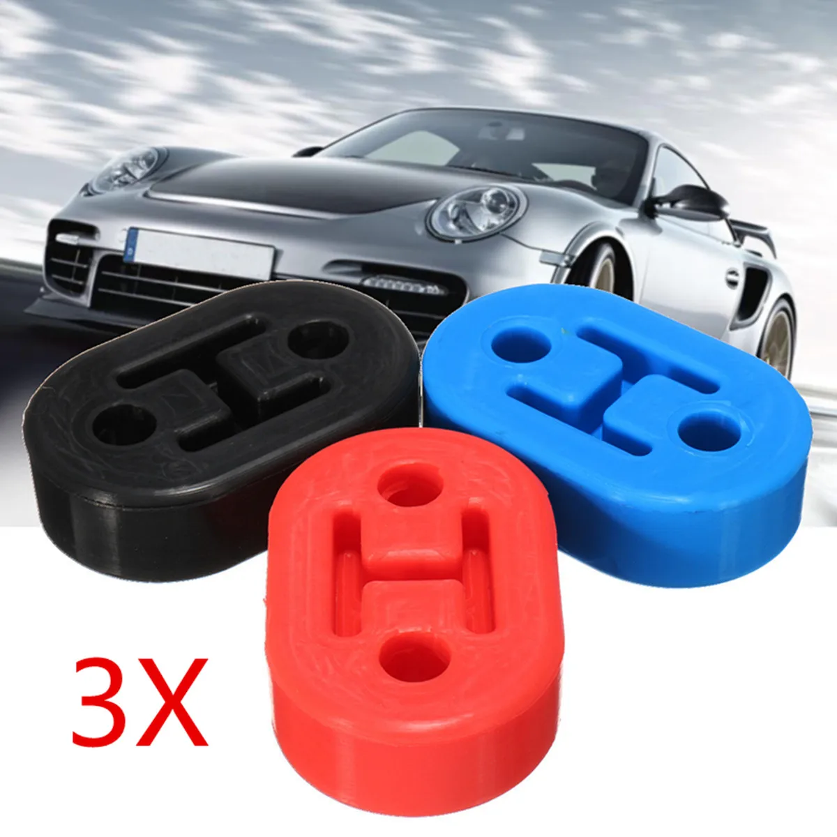 

3pcs 2 Holes Diameter 11mm Universal Car Rubber Exhaust Tail Pipe Mount Brackets Hanger Insulator blue black red