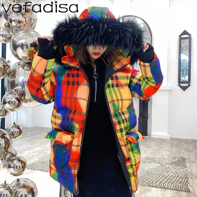 Vefadisa зимняя цветная клетчатая парка с капюшоном длинное теплое Радужное пальто