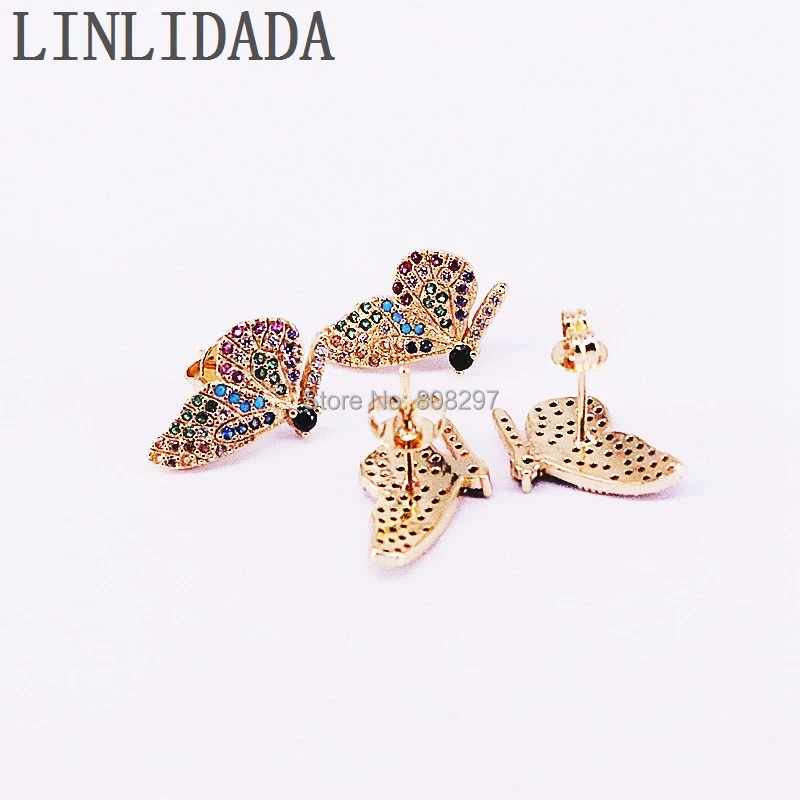 10 пар сережек золотого цвета для женщин радужные серьги гвоздики с фианитами и