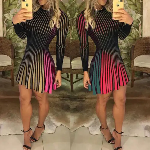 Женское мини платье в полоску с длинным рукавом и круглым вырезом|Женские платья|