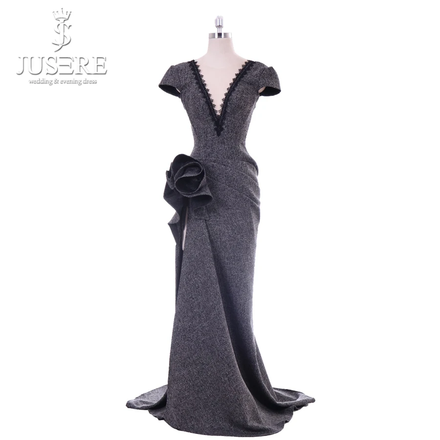 Женское вечернее платье с юбкой годе элегантное серое разрезом V-образным