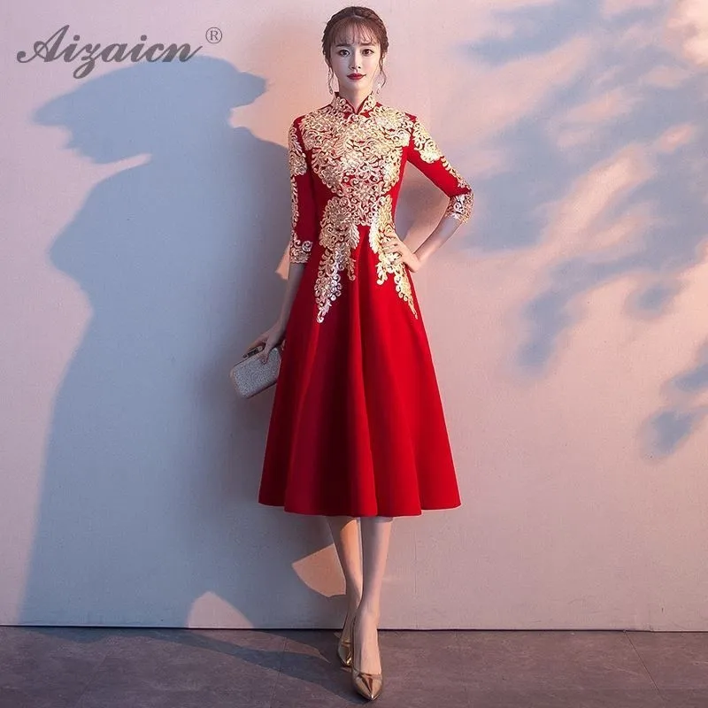 Красное традиционное китайское свадебное платье Qipao женская розовая одежда мода для девочек Cheongsam хлопок А-силуэт плюс размер вечерние платья
