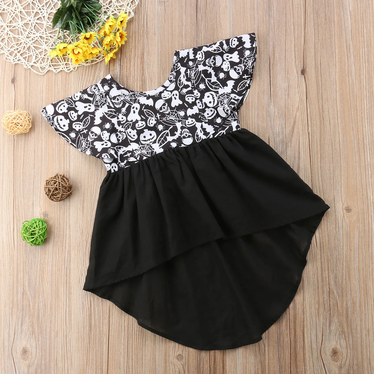 2018 Brand New Infant Toddler Kid Baby Girl Halloween Dovetail Dresses One-Piece Costumes Skull Pumpkin Ruffled Sleeveless Dress | Детская