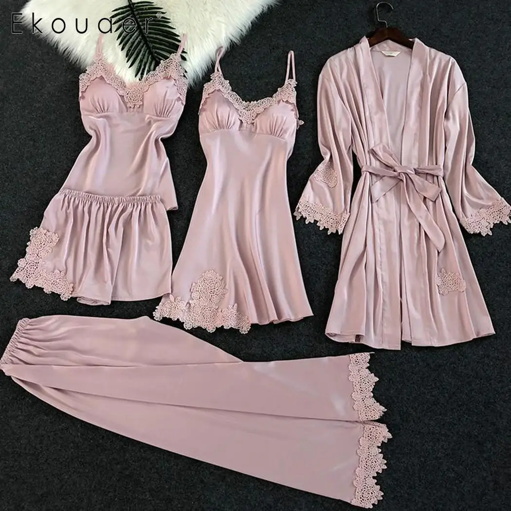 Ekouaer/5 шт./лот Женский пижамный комплект кружевной банный халат и ночная рубашка