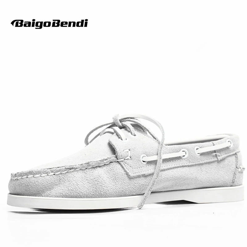 Big Size 11 12 Classical Light Grey Boat Shoes Men Real Leather Casual Loafers Four Season Breathable