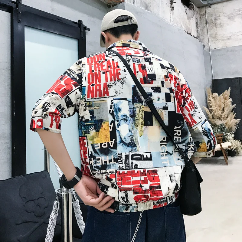 2019 Летняя мужская модная трендовая Мужская рубашка с принтом отворотным