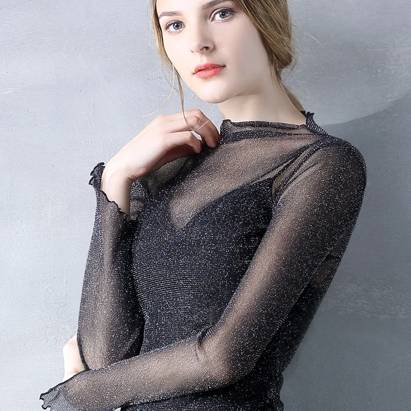 Female Chiffon Shirt Bottoming Shirt Women Sexy Perspective Bright Silk Tops Spring Lady Fashion Lace Office Thin Blouse PJ355