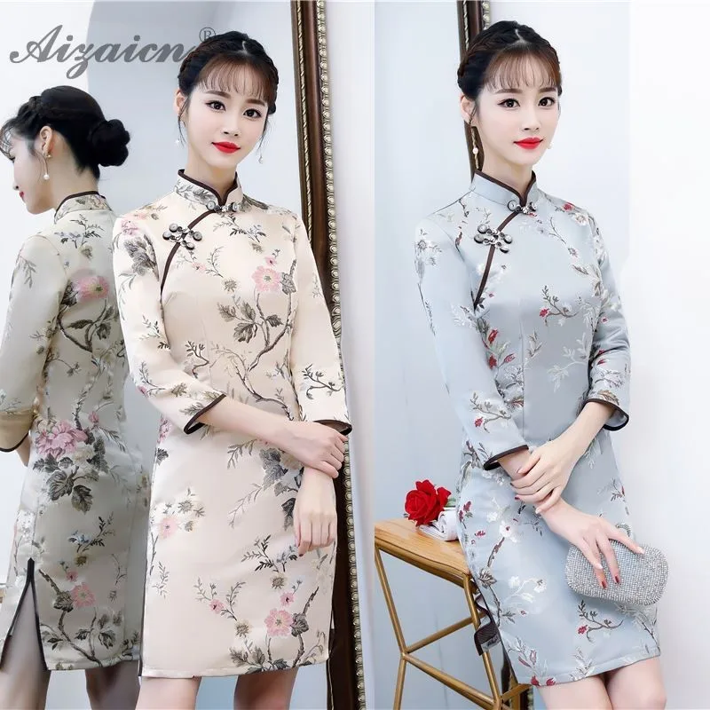 Зима Cheongsam Katoen девушка с длинным рукавом в китайском стиле Стиль платье Ципао из
