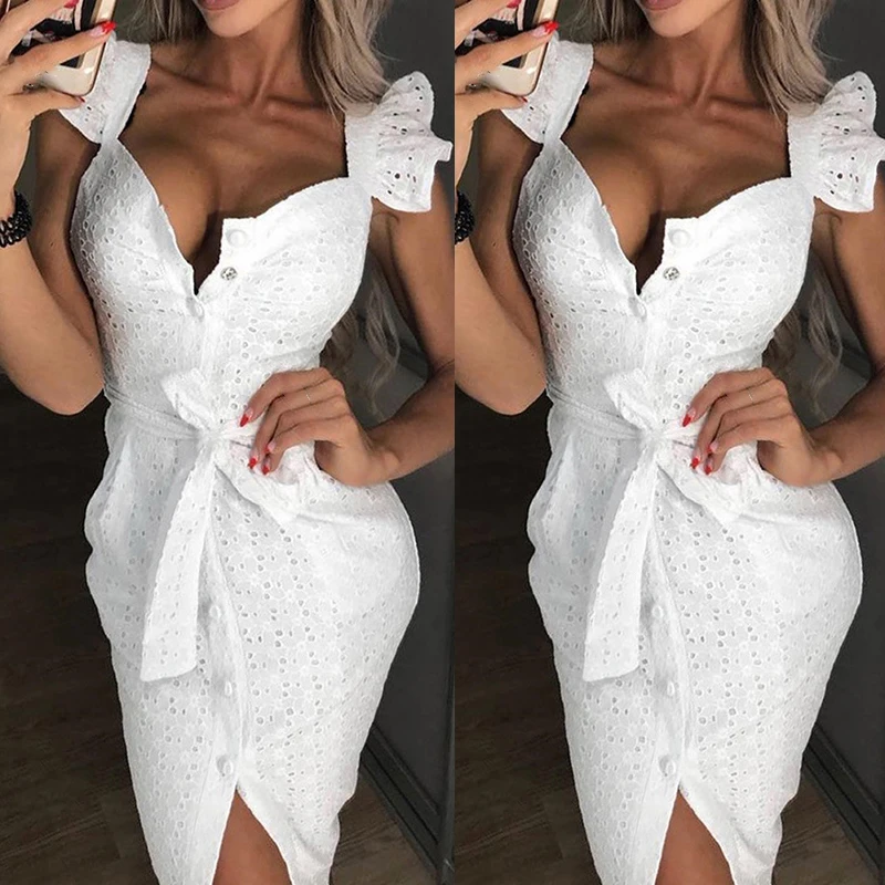 Женское платье белое с рукавом бабочкой тонкое одноцветное сексуальное на