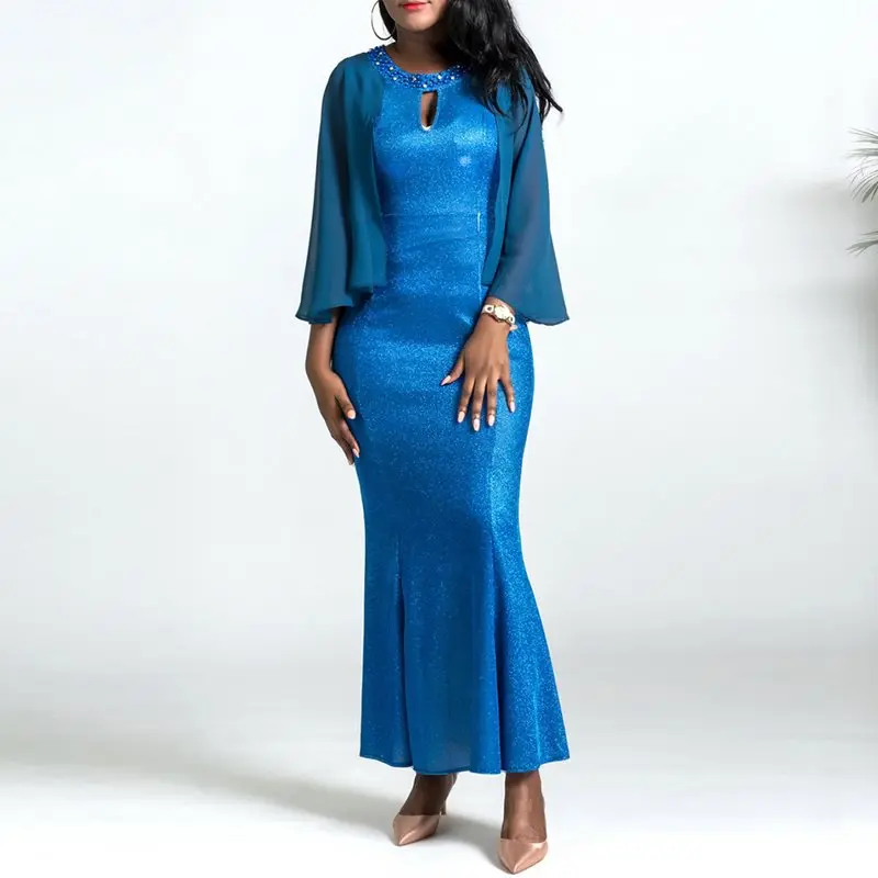 Вечерние длинные платья русалки женские 2019 синие элегантные вечерние бусы