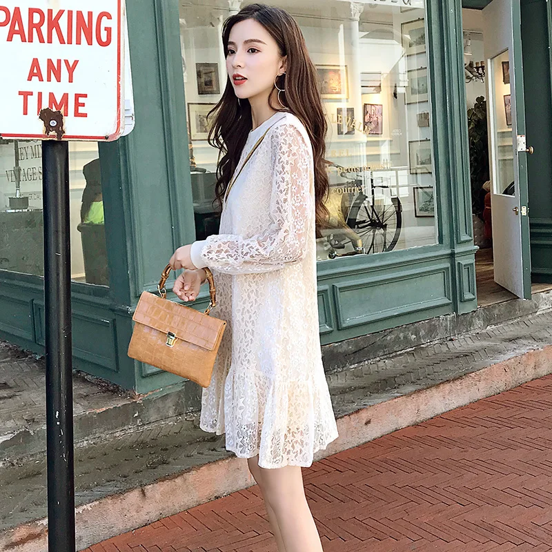 Cute Sweet Mini Dresses Hot Sales Women Fashion Long Sleeve Basic Casual Patchwork Ruffled Hollow Out Lace Princess Dress 10828 | Женская