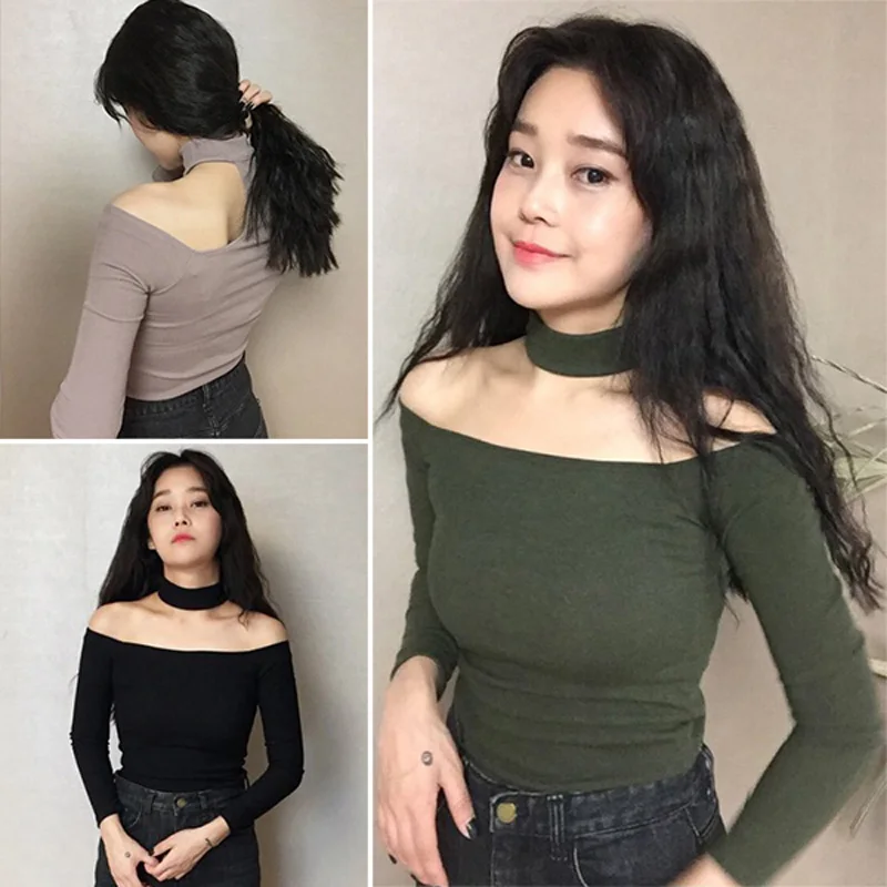 Шикарный Ulzzang корейский стиль колье футболка женская с длинным рукавом Топ офис