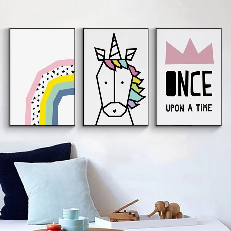 

Geometric Unicorn Nursery Print Wall Art Canvas Poster Pink Cartoon Painting Nordic Kids Decoration Pictures Girls Bedroom Decor
