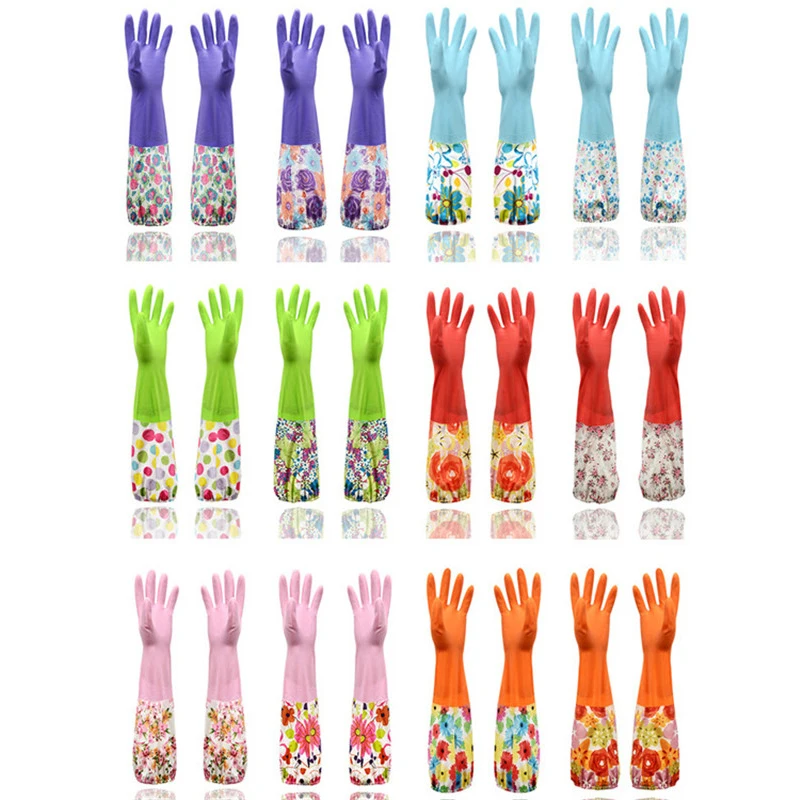 1 Pair Kitchen Elastic Band Long Sleeves Cleaning Gloves with Velvet Warm Household Waterproof Dishwashing | Дом и сад