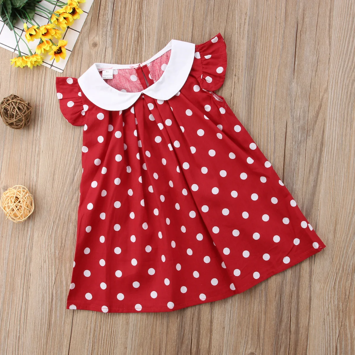 Летнее красное платье в горошек для маленьких девочек с рукавами-фонариками |