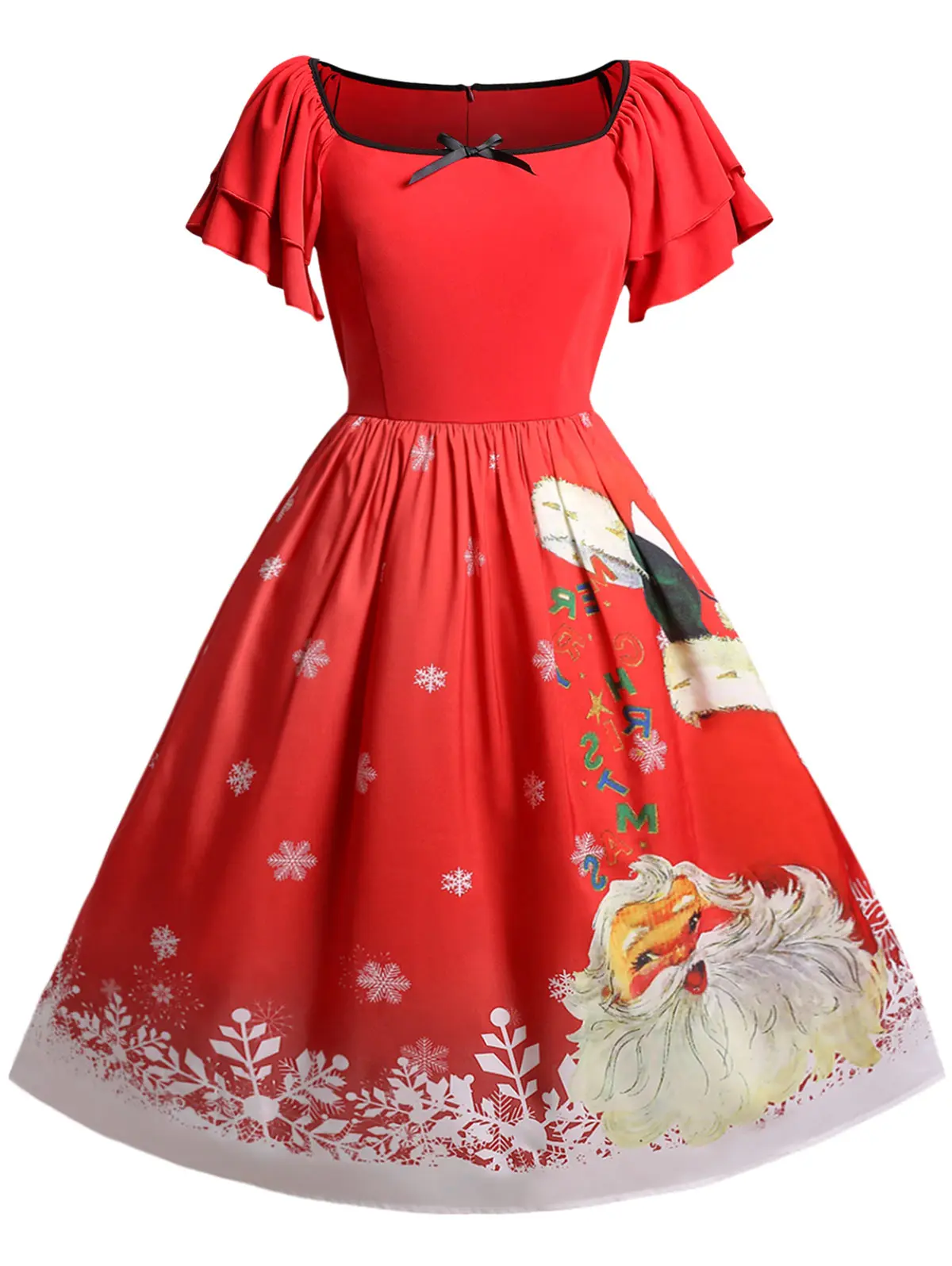 Wipalo Christmas Plus Size Santa Claus Print Dress Women Vintage Party Fall Spring Square Collar Short Sleeve Vestidos 5XL | Женская