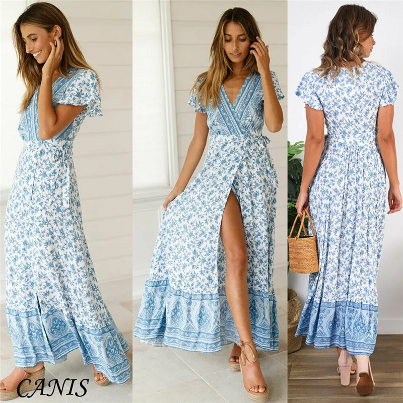 2019 New Arrivals Fashion Women High Slit V-neck Dress Floral Boho Long Maxi Belt Ruffles Sleeve Holiday Beach Sundress | Женская одежда