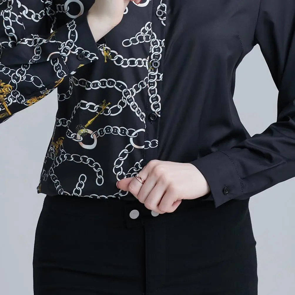 

Willstage 2019 Autumn Black Shirts Women Elagant Patchwork collar shirt long sleeve printed Blouse Work Wear office ladies