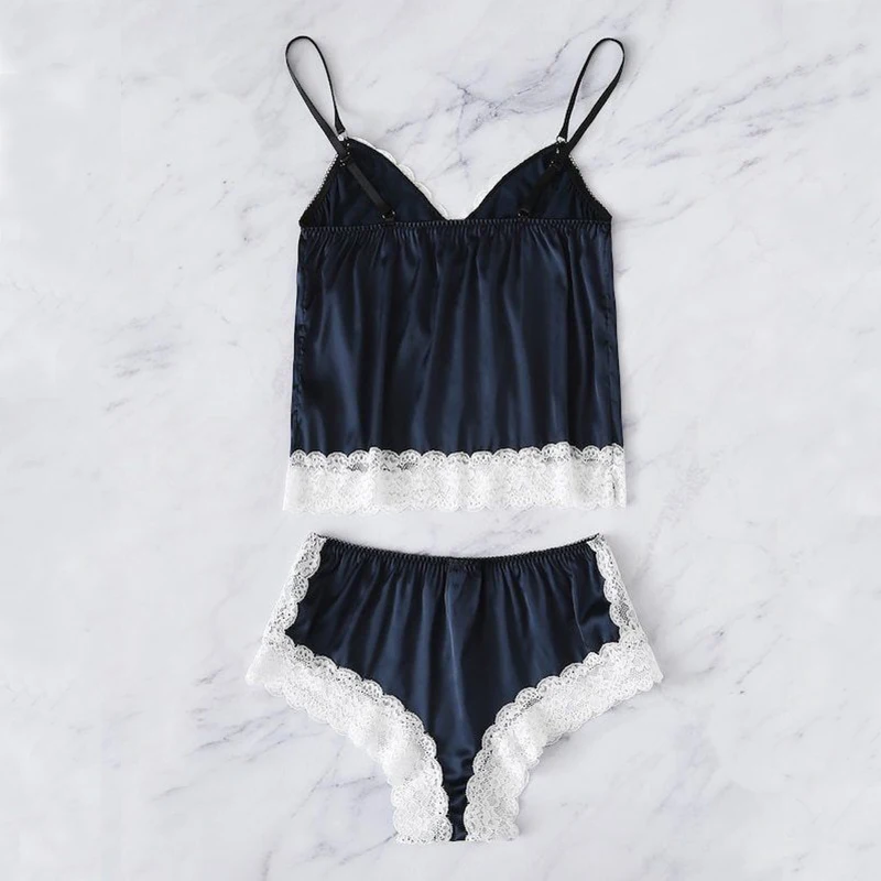 2pcs Women Sexy Satin Lace Sleepwear Babydoll Nightdress Pajamas Set | Женская одежда