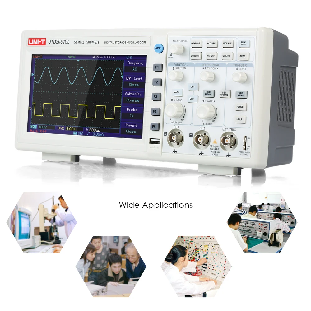 

UNI-T UTD2052CL Oscilloscope Oscillometer Digital Storage Oscilloscope 2CH 50MHz 500MS/s 7" TFT Display