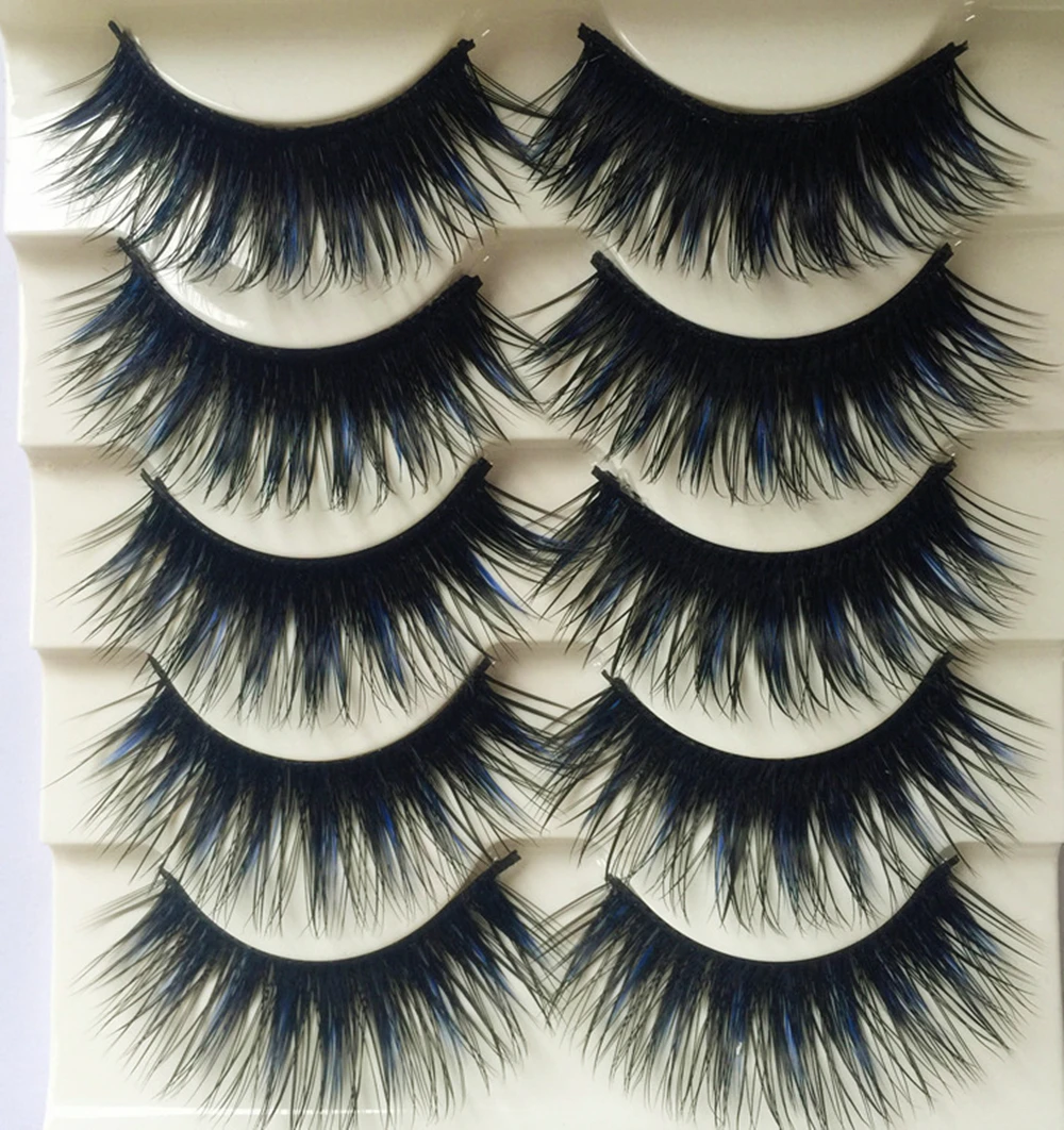 Искусственные накладные ресницы из 100% норки 5 пар синие черные длинные толстые