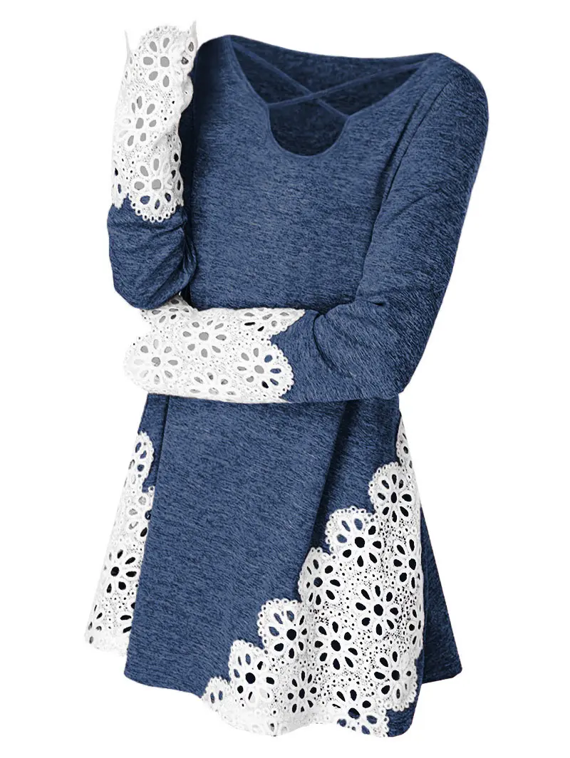 Женская Кружевная футболка с длинным рукавом и круглым вырезом размеры до