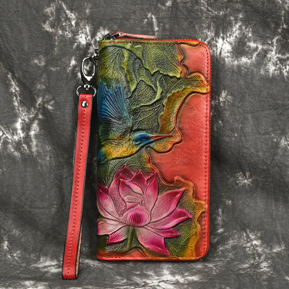 

Genuine Leather Clutch Wrist Bags Purse Money Handy Bag Cards Clip Holder Flower Embossed Retro Women Real Cowhide Long Wallet