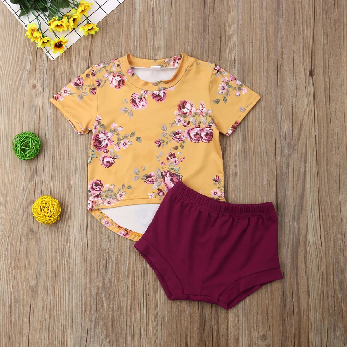 Newborn Infant Kids Baby Girls Summer Cute Clothes Sets Flowers Print Short Sleeve Pullover T-Shirts+Shorts | Детская одежда и