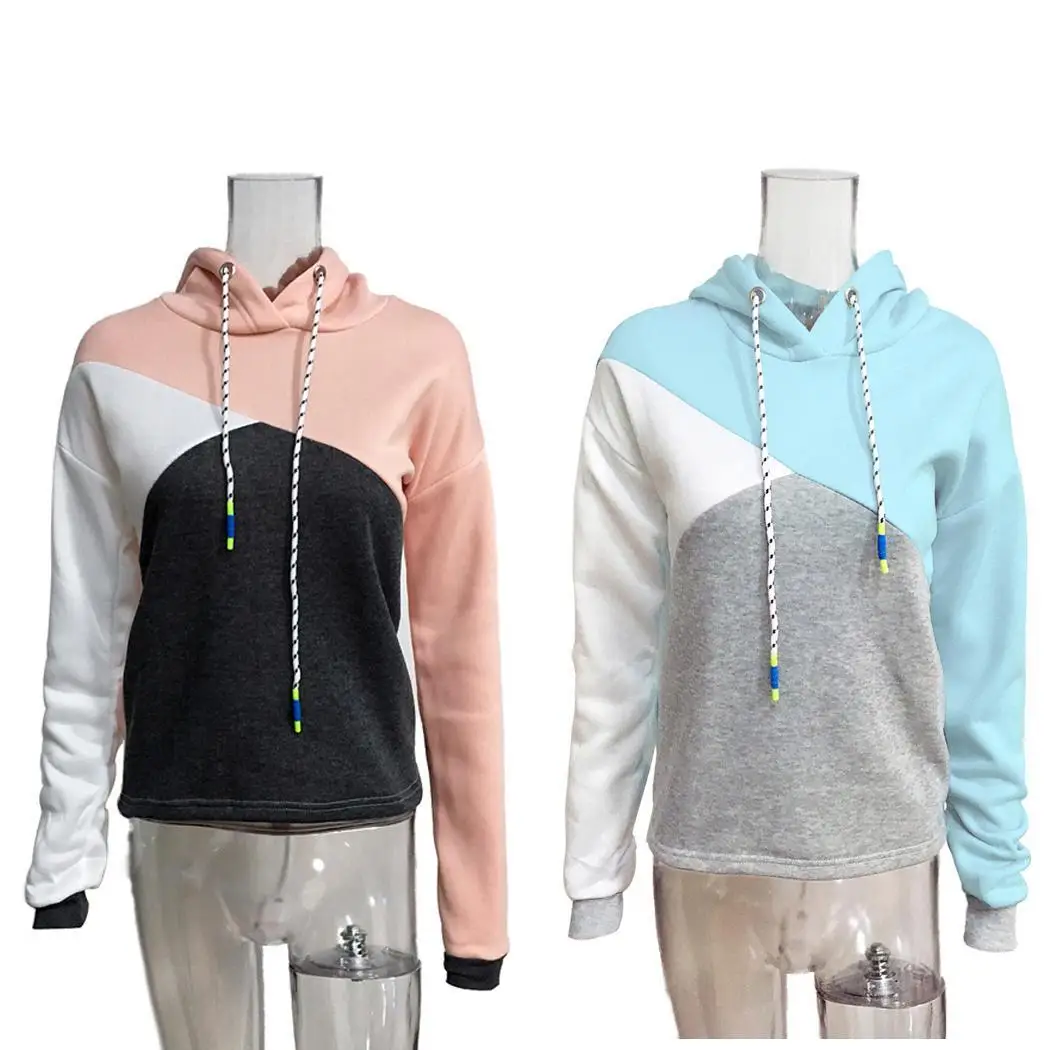 Women Fashion Hooded Long Sleeve Contrast Patchwork Color Winter Casual Regular Fleece Drawstring Hoodies | Женская одежда