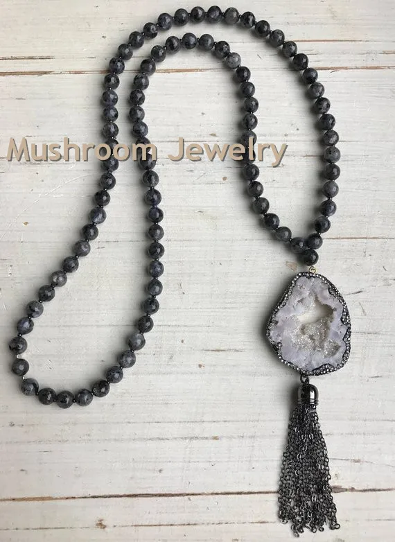 Fashion Bohemian Tribal Jewelry Natural Stone labradorite Long Knotted Druzy Pendant Necklaces For Women | Украшения и аксессуары